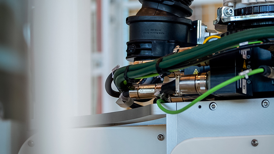 Close up of the wiring in a filament winding robot